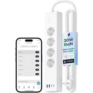 Meross Ciabatta Multipresa Matter con USB C 30W, Multipresa Smart WiFi Caricatore Rapido USB C Matter Simple Setup, Compatibile con Alexa, Apple HomeKit e Google, 16A, 4 Prese, 2 USB C, 1,8M