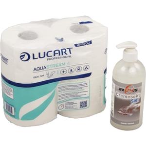 Axis Line Set - LUCART AQUASTREAM - Carta igienica auto-dissolvente + sapone liquido crema Soft 500 ml (1 confezione da 4 rotoli)