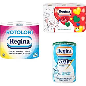 Regina Rotoloni Regina Carta Igienica | Confezione da 8 Rotoli a 2 Veli | 500 Strappi per Rotolo + Cuori Carta Cucina | Confezione da 6 Rotoli | 50 fogli per rotolo +Blitz Carta Casa | Confezione da 1 rotolo