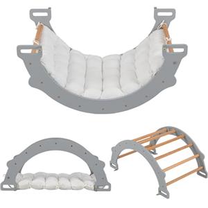 RELAX4LIFE Arco da Arrampicata per Bambini, Cavallo a Dondolo in Legno con Cuscino Morbido, Palestra Montessoriana per Bambini 3+ Anni (Grigio)