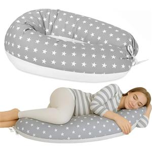 baby idea - Babysanity Cuscino Gravidanza per Dormire e Allattamento - Supporto per Neonato - Forma Ergonomica XXL - Federa Sfoderabile e Lavabile 100% Cotone - Made in Italy (Stelle Grandi Grigio)