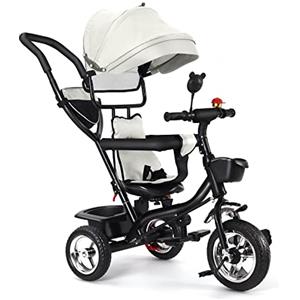 OHMG Triciclo bambino evolutivo 5 in 1 bicicletta Passeggino con maniglia di spinta, baldacchino rimovibile, cintura di sicurezza a 5 punti, ripostiglio, poggiapiedi freno, per bambini da 1 a 5 anni