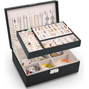 Larkumio Portagioie Donna Ragazza, Grande Porta Gioielli Bambina in Pelle PU a 2 Strati Scatole Portagioielli Cofanetto per Collane, Orecchini, Bracciali (Nero)