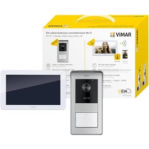 VIMAR K42945 Kit videocitofono WIFI monofamiliare, touch screen vivavoce, Alimentatore Barra DIN, targa audiovideo RFID, staffe per fissaggio