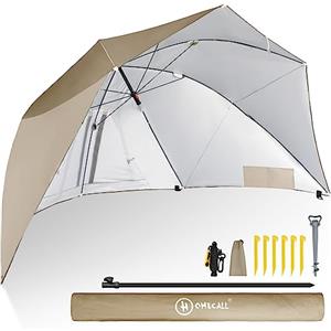 HOMECALL Ombrellone da spiaggia con finestra, design paravento, poliestere resistente ai raggi UV, kaki