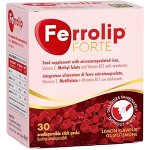 Ferrolip Forte Integratore Ferro e Acido Folico (30 Bustine Orosolubili al Limone) - Senza Fastidi Gastrointestinali - Privo di Sapore Metallico - Con Vitamina C e B12