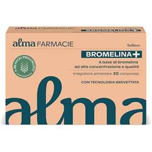 Alma Farmacie Bromelina + Alma Farmacie, Integratore con Bromelina Forte Drenante Gambe, Cellulite, Azione Antiedemigena, Antinfiammatoria, Alta Concentrazione 2500 GDU/g a Rilascio Prolungato, 30 Compresse