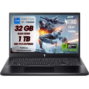 acer Nitro V15 Pc Gaming, Notebook Gaming i7-13620H, 32GB RAM DDR5, SSD 1TB, Display 15,6 FHD IPS 165 Hz, NVIDIA GeForce RTX 3050 (6 GB GDDR6), Tastiera Retroilluminata, Pc Portatile, Laptop Gaming