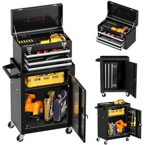 DAIMANN - Carrello Porta Attrezzi Professionale con 3 Cassetti Scorrevoli e Armadietto con Serratura per Garage e Officina, Struttura in Metallo Verniciato Facile da Spostare (Nero)