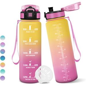 Motswedi Borraccia, 1000ML Senza BPA, Borraccia Bambini, Con marca temporale, Borraccia Motivazionale, Design della serratura a prova di perdite, Bottiglia Acqua per Sport, Scalare Montagne - Giallo&Rosa