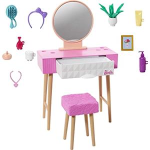 Barbie Set di mobili e accessori, decorazione per la casa delle bambole, oltre 10 pezzi per la toeletta, incluso supporto con specchio, sgabello, prodotti di bellezza e altro ancora