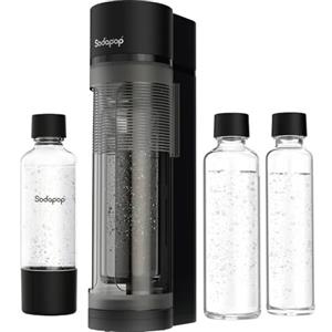Sodapop Gorgogliatore Logan, con 2 bottiglie di vetro (850 & 600 ml) e 1 bottiglia in PET (850 ml), colore nero opaco, altezza 42,6 cm, senza cilindro CO₂
