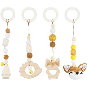 BINYI 4 Pezzi Palestrina Neonato Montessori Arco Giochi per Passeggino da Appendere Giocattoli di Legno per Bambini Pieghevole Gioco Auto Neonato Baby Gym con Ciondolo in Legno (Marrone)