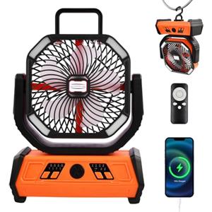 Mapille Ventilatore da campeggio con batteria 20000mAh e luce LED, ventilatore USB silenzioso con telecomando, 4 velocità, rotazione e timer, portatile per tenda, outdoor, blackout, viaggi (Arancione)