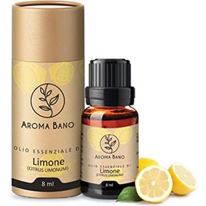 AROMA BANO Olio Essenziale Di Limone 8ml- Puro Al 100% E Naturale- In Flacone Vetro Con conta Gocce Uso Facile- Adatto Per Cocktails- Tisane -Aromaterapia- Yoga- Diffusori - massaggi. (OLIO DI LIMONE 8ML)