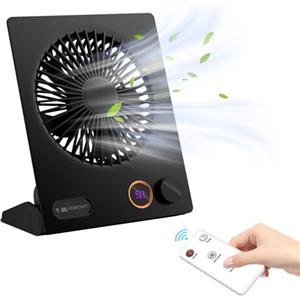 VEMONT - Ventilatore da tavolo USB, batteria ricaricabile 5000 mAh, inclinabile a 180°, portatile, con telecomando, velocità continua, forte vento, silenzioso, Nero