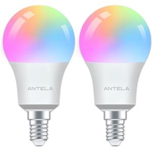 ANTELA Lampadina Wifi Intelligente LED Smart Multicolore, E14, 8W 80W equivalente, Dimmerabile RGB & 2700K-6500K, Compatibile con Alexa e Google Home, Telecomando con APP, 2 pezzi