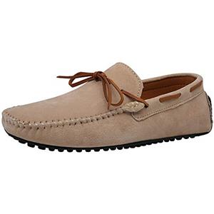Jamron Uomo Pelle Scamosciata Fatto a Mano Confortevole Tappeto Pantofole Antiscivolo Scarpe da Barca Casuale Mocassini Piatti Cachi SN19077 EU44.5