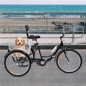 Mermajestic 24 pollici triciclo per adulti, 7 marce, 3 ruote moto triciclo per anziani con cestino e luce, freno tipo V, triciciclo pieghevole per adulti per viaggi, shopping (nero)