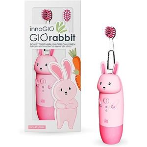innoGIO GIOrabbit - Spazzolino da denti elettrico per bambini, 7 colori LED, manico in silicone, 4 modalità, timer 2 min, adatto per bambini tra 2 e 12 anni, rosa, batteria AAA non inclusa (testina