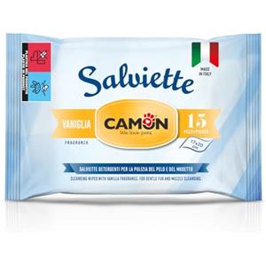 CAMON | Salviette Pocket Vaniglia, Box da 18 Pezzi, Salviettine Detergenti per Occhi e Orecchie di Cani e Gatti, Formula Delicata, 17x20cm