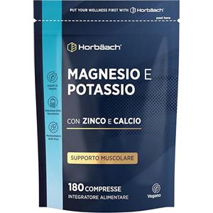 Horbäach Magnesio e Potassio + Zinco e Calcio | 180 Compresse Vegane per Oltre 6 Mesi | Magnesio Complex con Ferro, Vitamina B12 e Vitamina B6 | Magnesium Potassium Supplement | Horbaach