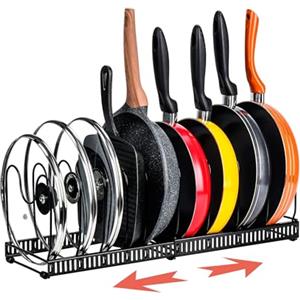 Amig - Organizzatore Estensibile per Padelle - Da 6 a 10 Scomparti - Acciaio Nero - Porta Coperchi e Padelle da Cucina - Dimensioni: 20 x 24 x 30-57 cm