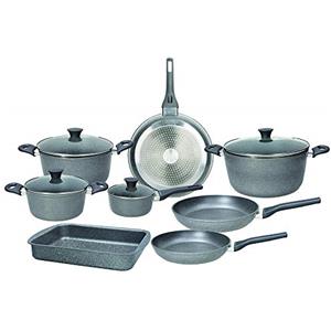 Tognana Phaetra Style, Batteria di pentole e padelle, Set con 3 padelle, 4 casseruole, 4 coperchi trasparenti, 1 lasagnera, 12 Pezzi, Alluminio, Grigio