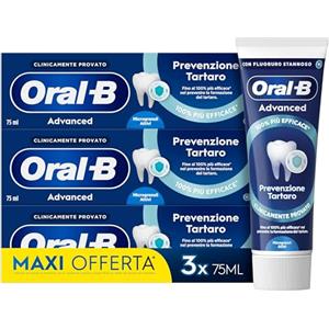 Oral-B Dentifricio Advanced Prevenzione Tartaro 3x75ml, Dentifricio Oral B Anti Tartaro con Microgranuli Attivi, Clinicamente Provato, Pulizia Denti Efficace, Sapore Menta Fresca, Alito Fresco