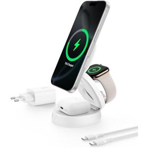 Belkin BoostCharge Caricatore Wireless Compatibile con MagSafe, Stazione di Ricarica wireless 3 in 1, Qi2 15 W per iPhone 17, Air, Apple Watch, AirPods, Pixelsnap, alimentatore da 36W - Bianco