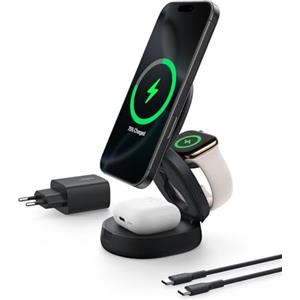 Belkin BoostCharge Caricatore Wireless Magnetico Qi2 15W Convertibile 3in1 | Stazione di Ricarica Pieghevole MagSafe, Certificazione Qi2, per iPhone, Apple Watch, AirPods, Caricatore da Muro 36W