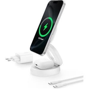 Belkin 2 in 1 Caricatore Wireless, Stazione di Ricarica Wireless 15 W, Caricatore Qi2 con MagSafe per iPhone 16 e AirPods, base piena antiscivolo, alimentatore da 30W - Bianco