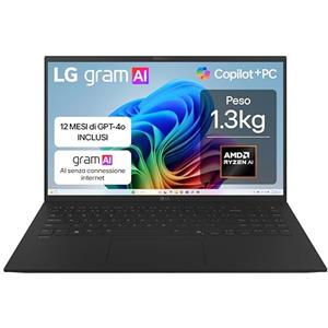 LG gram AI 15Z80T, Notebook 15.6" FHD (1920x1080), AMD Ryzen AI 7 350, 16GB RAM, 512GB SSD, Ultraleggero solo 1.3 kg, Batteria 72Wh, Windows 11 Home, Copilot, scocca in alluminio, Nero