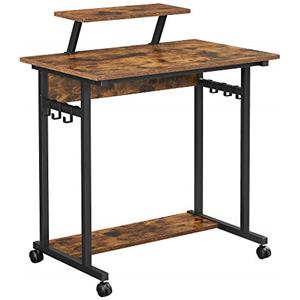 VASAGLE Scrivania Per Computer, Tavolo Da Studio Con Ruote, Supporto Monitor E 6 Ganci, Postazione Di Lavoro, Stile Industriale, Lwd085B01, Marrone Vintage E Nero, 80 x 50 x 90 cm