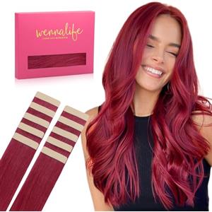 WENNALIFE Extension Capelli Veri Biadesivo, 10pz 30cm 20g Rosso borgogna Extension Biadesive Capelli Veri Lisci Remy Tape in Hair Extensions Capelli Setosi Solo per L'aggiunta di Colori