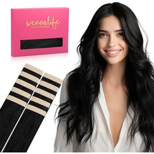 WENNALIFE Extension Capelli Veri Biadesivo, 10pz 30cm 20g Nero Jet Extension Biadesive Capelli Veri Lisci Remy Tape in Hair Extensions Capelli Setosi Solo per L'aggiunta di Colori