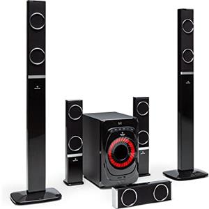 Auna Areal 825 - Sound System 5.1, Impianto Home Cinema 5.1, 200 Watt di Potenza RMS, Subwoofer Home Cinema da 8" + 5 Altoparlanti, Bluetooth, USB, SD, AUX, Telecomando incl., Nero