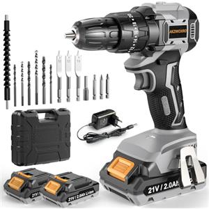 AKZWOXRO Trapano Avvitatore Batteria 21V, Brushless Avvitatore a Batteria con 2 Batterie da 2.0Ah, 45N.m di Coppia, 2 Velocità, 20+3 Coppia, 14 Accessori, Luce a LED, Per il fai da te, Grigio