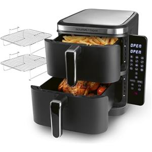 GOURMETmaxx FryUp Friggitrice verticale ad aria calda a doppia camera | Friggitrice 10 litri | 4 piatti su 4 livelli | Display touch richiudibile | 32% in più di risparmio di spazio | Calda 2 camere