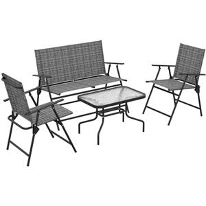 Outsunny Salotto da Esterno da 4 Pezzi, Set Mobili da Giardino con Tavolino in Vetro, 2 Poltrone e Divanetto Pieghevoli in Metallo e Tessuto a Rete, Grigio