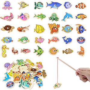 OFFCUP Magneti Giocattoli da Pesca, 33Pcs Giochi Bambini Puzzle Magnetico Legno, Gioco di Pesca Magnetico per Bambini, Calamite Giochi, Gioco educativo Montessari per Bambini Regalo Oltre 3 Anni