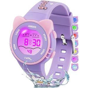 Juboos Orologio Bambina,con Cinturino Stampato e 7 Luci Colorate,Orologio Digitale Impermeabile per Bambini con Orecchie da Gatto per Ragazzo e Ragazza da 4 a 12 Anni (Violetta)