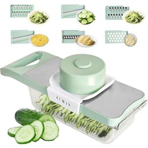 DEARBAG Affetta Verdure Mandolino Regolabile con contenitore per verdure, Taglia Verdure con Protezione per le Dita per Aglio, Cavolo, Carote, Patate, con 6 Lame in Acciaio Inox (6-in-1 verde)