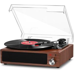 FYDEE Giradischi Vinile, FYDEE Giradischi Portatile Vintage Bluetooth con 3 Velocità 33/45/78 RPM e 2 Altoparlanti Incorporati, Lettore di Vinile Retro Supporto per Cuffie, RCA, AUX - Noce