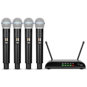 Depusheng Microfoni wireless per karaoke Depusheng R4-Pro, sistema professionale a 4 canali con microfono palmare, microfono dinamico in metallo per karaoke, chiesa, karaoke a casa, riunioni, feste