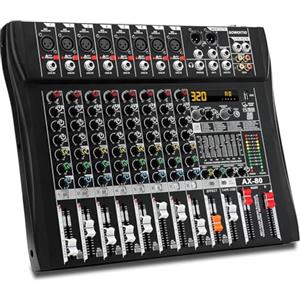 SOWOITIG Console mixer audio a 8 canali con 320 effetti DSP, mixer digitale DJ mixer mixer professionale con equalizzatore a 7 bande, USB, Bluetooth, alimentazione phantom da 48 V e pulsante mute per