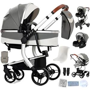 Reenborn Pelle PU Passeggino Trio, Passeggino 3 in 1 con Due Modi Reversibili Spingere, Trio Neonati con Design Pieghevole in Un Clic, Telaio Alluminio Paesaggistico Alto (B518 Grey)