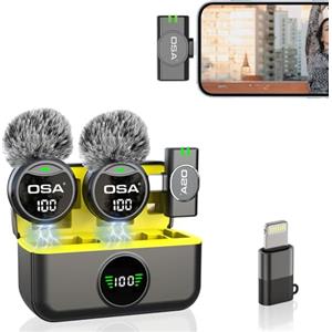OSA Microfono Lavalier Wireless per iPhone/Android/iOS/PC/Laptop, Mini Microfono Vlog con Display Digitale, Custodia di Ricarica,Cancellazione del Rumore,microfono a clip Plug Play, 2TX+2RX