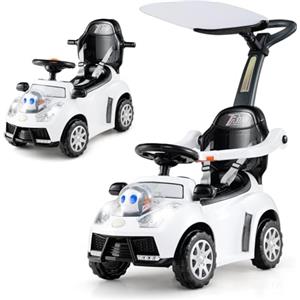 COSTWAY 3 in 1 Auto a Spinta, Macchinina da Passeggio con Clacson, Musica, Luci, Cintura di Sicurezza, Tettuccio e Manico, Macchina Cavalcabile per Bambini 1+ Anni (Bianco)