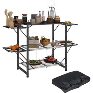 Outsunny Tavolo da campeggio pieghevole da campeggio in acciaio e alluminio, con borsa per il trasporto, 2 ripiani pieghevoli, 2 ripiani e portabicchieri, dim. 126L x 46L x 81H cm
